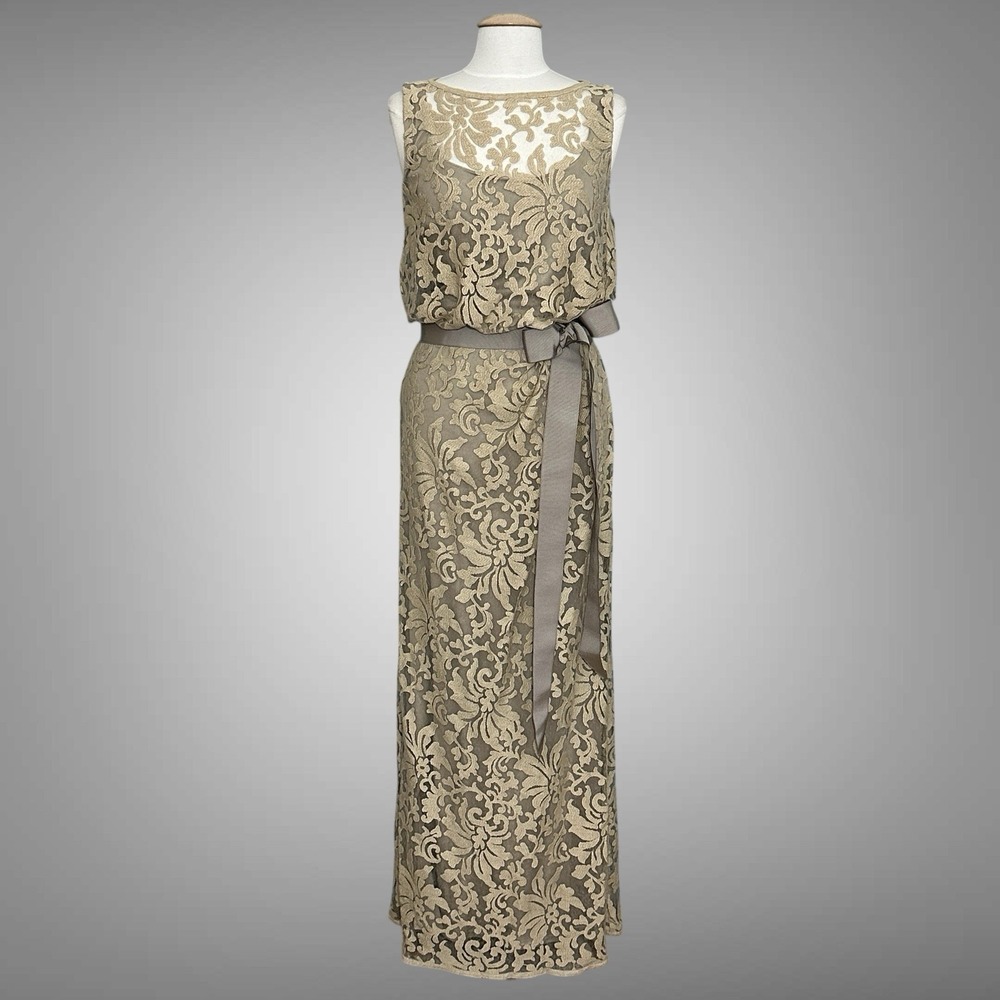 Tadashi Shoji Womens Dress 8 Beige Lace Overlay Blouson Gown Wedding Mother - Picture 3 of 16